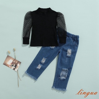 Moon-2 pzas ropa Casual Para niñas/cuello redondo pullover+ Jeans rasgados con bolsillos