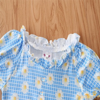 PFT7-juego de traje de niñas pequeñas, verano creativo impresión margarita Stringy Selvedge botón de manga corta Tops + Pantskirt conjunto (3)