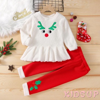Kidsup-2pcs niños niñas traje de navidad, lana de manga larga volantes Tops + pantalones casuales