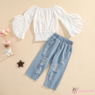 Babygarden-baby Girls Fall Outfits Set, Color sólido encaje acampanado blusa manga + Jeans rasgados para 1-5 años, blanco