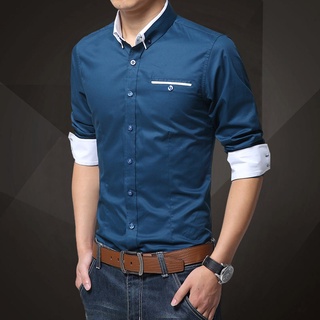 geiefu moda hombres color sólido manga larga cuello de vuelta abajo slim fit oficina camisa top