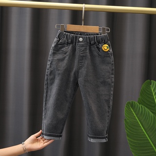 2021 niños nueva moda superpuesta cara sonriente cuero estándar jeans cómodo apretado para 12 meses a 5 años niños cómodos pantalones de algodón puro