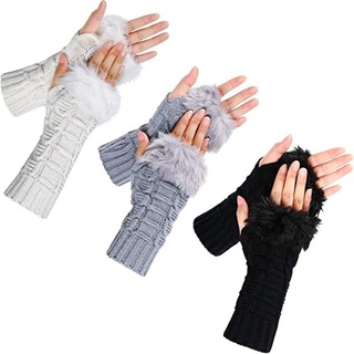 homoation moda invierno manoplas al aire libre medio dedo de punto guantes mantener caliente elástico mujeres niñas espesar conejo imitación pelo guantes/multicolor (8)