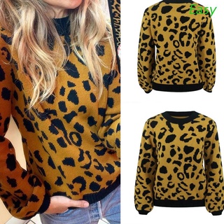 Fácil de las mujeres otoño invierno manga larga cuello redondo caliente suéter de punto leopardo impresión Casual jersey suelto Tops femenino jersey Streetwear