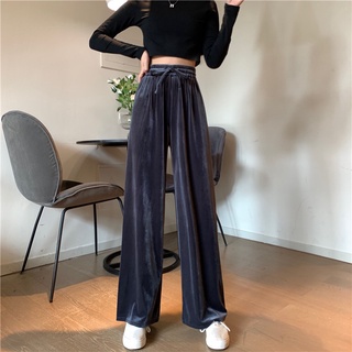 [coco House] pantalones de pierna ancha Pleuche estilo liso de gran tamaño de cintura alta fregado pantalones largos ropa de mujer (7)