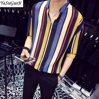 Nueva moda de verano contraste color vertical raya v-cuello de media manga camisas de los hombres de la moda suelta camisas para los hombres