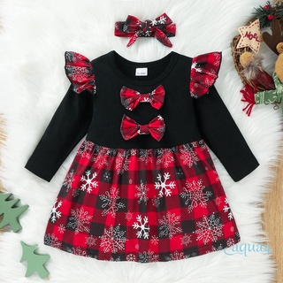 Anana-2pcs bebé niñas traje de navidad, Bowknot cuadros costuras vestido de manga larga + diadema para niño, 0-24 meses