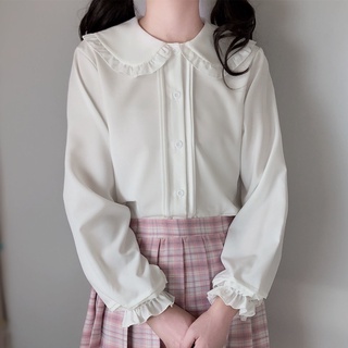 Lolita Primavera / Verano Chica Estudiante Manga de linterna Cuello de muñeca Camisa de manga larga Base japonesa dulce (4)
