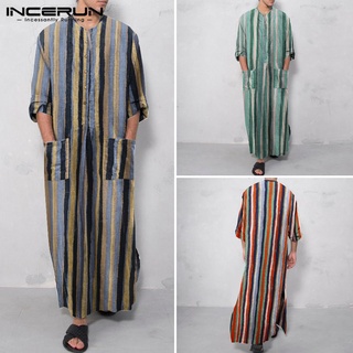 INCERUN Men Colorful Striped Long Sleeve Loose Full Length Soft Muslim Robes (3)