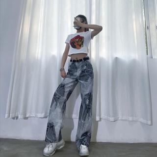 Hip-Hop Unique Jeans Hombres Mujeres 2021 Primavera Otoño Nuevo Estilo Cintura Alta Pantalones Impreso Retro C