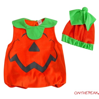 Ont-2 piezas trajes de Halloween para bebés, sin mangas de cuello redondo, disfraz de calabaza y sombrero de bloque de Color