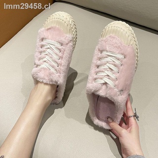☈Medias pantuflas baotou peludas de suela gruesa ropa de invierno femenina 2021 nuevos zapatos de galleta con cinturón fino rojo y zapatos mullidos (8)