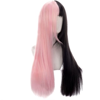 vicenory mujeres mujeres doble color toupee extensión de pelo largo pelo recto negro y rosa peluca larga gruesa sintética flequillo harajuku estilo goth pelo cosplay lolita (7)