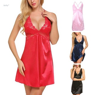 lucky* Women Deep V-Neck Backless Nightgown Floral Lace Satin Bowknot Sleepwear Pajamas