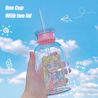 SAILOR MOON kawaii vidrio taza marinero luna botellas 450ml kawaii sopa taza de vidrio botella de agua con una paja vasos lindo bebida botella tazas