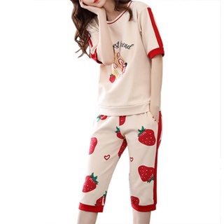 2 unids/set verano mujeres lindo manga corta Tops y pantalones recortados pijamas ropa de hogar femenina ropa de dormir conjuntos (7)