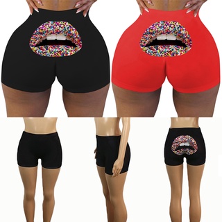pantalones cortos de cintura alta con estampado de labios coloridos para mujeres/pantalones cortos deportivos/yoga/fitness (1)
