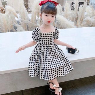 Las niñas vestido de cuello cuadrado vestido de hojaldre de manga vestidos de cuadros vestido de princesa vestido para niños vestido para bebé niña ropa para 3-8 años de edad (1)
