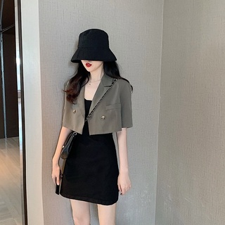 2613 listo stock de manga corta cardigan crop top blazer traje para las mujeres más el tamaño de la solapa abrigo liso estilo coreano (1)