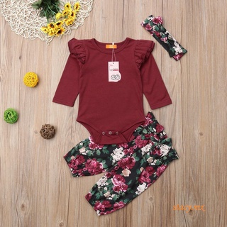 Un baby girls 3 piezas Outfit/ropa de Manga larga con estampado de cuerpo/pantalones largos florales+diadema de diadema