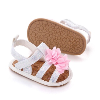 ❥Uw✿Zapatos planos antideslizantes para bebés, diseño de flores y lentejuelas, sandalias de suela suave para niñas, blanco/gris/rosa (2)