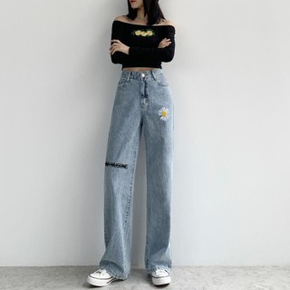 Cintura alta ancho de la pierna jeans de las mujeres s bordado suelto 2021 primavera y otoño nuevo estilo de la cortina es más delgada y alta margarita mopping pantalones (5)