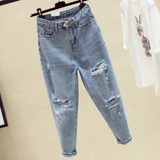 Estilo coreano nuevo agujero Retro cintura alta delgada recta suelta mujeres Jeans harén pantalones mujeres pantalones largos (3)