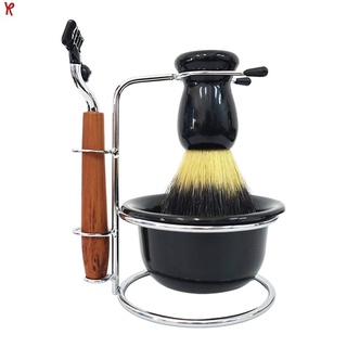 [Hot Sale]Four Piece Set Shaving Kit Brush Set with Stainless Steel Stand Holder Safety Razor Shave Soap Bowl for Men Manual Shave