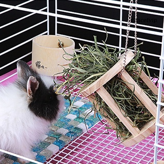 [Vip]Pet Rabbit Wooden Hay Manger Cage Hanging Grass Feeder Food Storage Rack Holder (2)