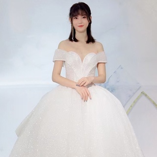 un hombro vestido de novia 2021 nuevo estilo temperamento novia cielo estrellado cola grande cintura alta mujer embarazada luz francesa l