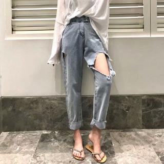 2019 mujer corea agujero estudiante cintura alta suelta recta pantalones vaqueros