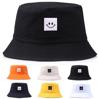 [Color] Smile Face Patch Solid Color Folding Fisherman Hat Outdoor Men Women Bucket Cap
