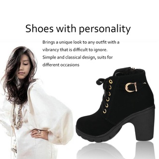 Y Fashion Women High Heel Lace Up Side Zipper Buckle Ankle Boots Suede Shoes