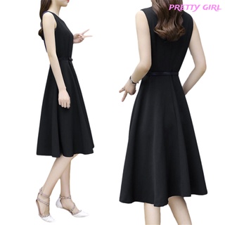 【Ready Stock】 Women Dress A-line Thin Type Sleeveless Dress Mid-length Dress With Belt (3)