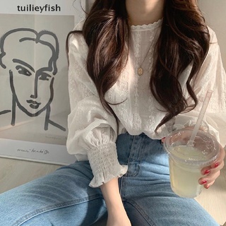 Tuilieyfish Mujeres Blusa Puff Manga Blanca Encaje Larga Camisa Casual Suelta Volantes Tops CL