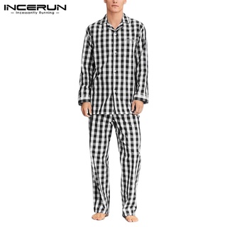 INCERUN Men Casual Long Sleeve Lattice Lapel Shirt+Long Pants Pajama Set