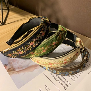 ott. Chinese Style Ethnic Vintage Wide Headband Womens Elegant Twist Knotted Hair Hoop Contrast Colored Floral Leaves Embroidery Prom Bandana (4)