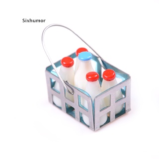 [sixhumor] 1/12 muebles de casa de muñecas miniatura de metal cesta de leche con 4 botellas de madera conjunto de muñecas accesorio cl