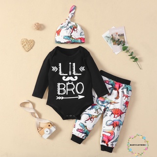 Bbcq-3 piezas bebé niños trajes casuales, impresión de letras de manga larga cuello redondo pijama + pantalones patrón de dinosaurio + gorra anudada