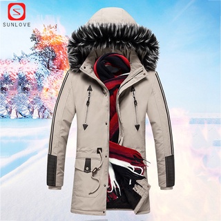 Men's Coat White Plush Coat Winter Cotton Coat Hooded Warm Outwear with Zipper