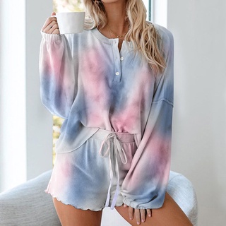 Petersburg mujeres pijama conjunto Tie Dye impresión de manga larga Tops pantalones cortos ropa de dormir ropa de dormir