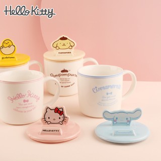 Nuevo producto Miniso, producto famoso, taza de cerámica con tapa para perro y canela Hello Kitty de Sanrio, taza de cerámica con soporte para teléfono móvil