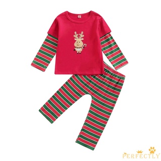 Pft7-niños niñas conjunto de ropa de navidad, ciervo Patchwork manga larga O-cuello camiseta+pantalones estriados (8)