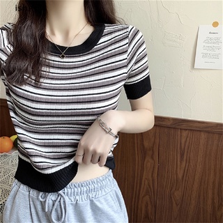 ishifoy O-Neck Stripe Knitted Short Sleeve Tshirt Women Short T-shirt Streetwear Shirt CL