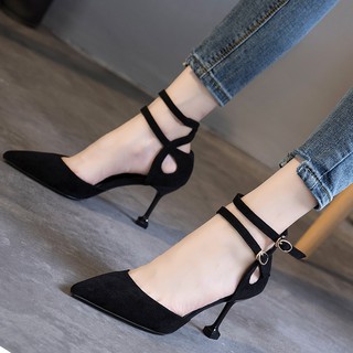 Tacones zapatos de mujer estudiantes estilo zapatos de tacón alto mujer stiletto primavera y verano negro diseño sentido puntiagudo hebilla solo zapatos