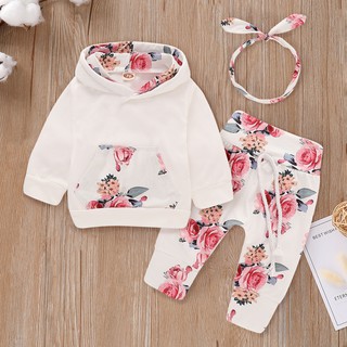 3pcs ropa de bebé recién nacido Floral de manga larga sudadera con capucha camisetas+pantalones diadema conjunto 3Pcs traje 3 en 1 (1)