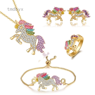 Collar/brazalete/anillo ajustable para niña con unicornio/aretes de tornillos con cadena de plata Esterlina 925 joyería de Moda