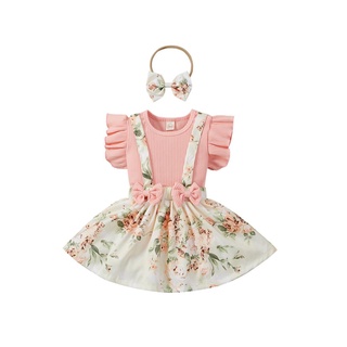 ✰Au✫Juego de 3 piezas de traje de niños, verano de Color sólido O-cuello mosca manga Tops+falda liguero Floral+ diadema para niñas,