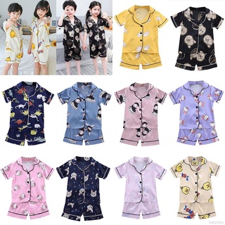 2Pcs niños pijamas de seda conjuntos de niños niñas de dibujos animados Floral ropa de dormir traje de niño bebé de manga corta + pantalones cortos ropa de casa conjunto