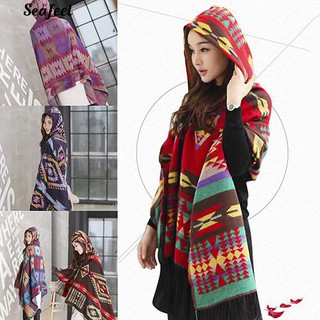 [seafeel]manto con capucha con patrón geométrico estilo étnico/mantel largo/chal/bufanda Poncho (1)